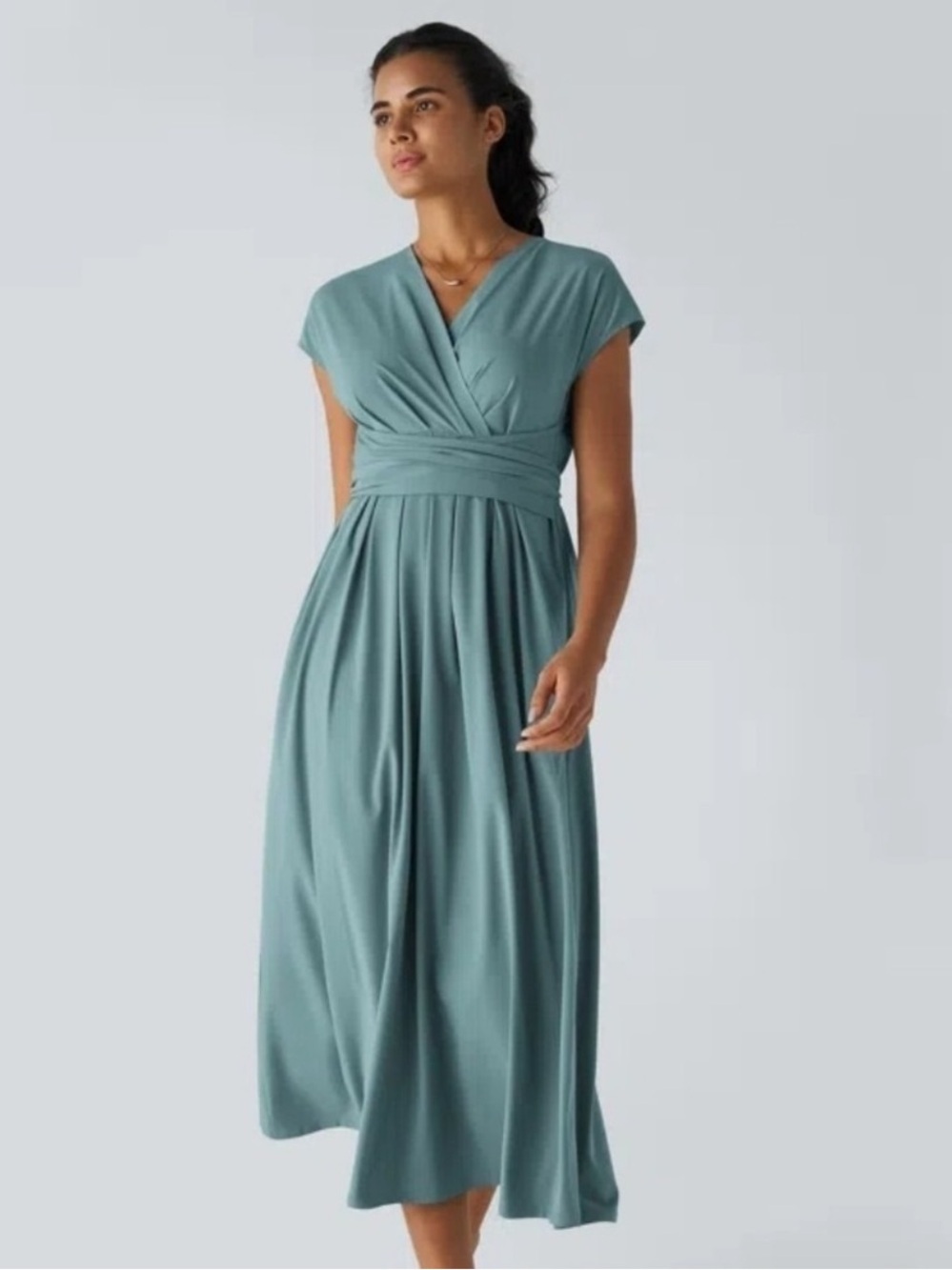 Halara Breezeful V Neck Stone Blue Midi Dress Size Small NEW